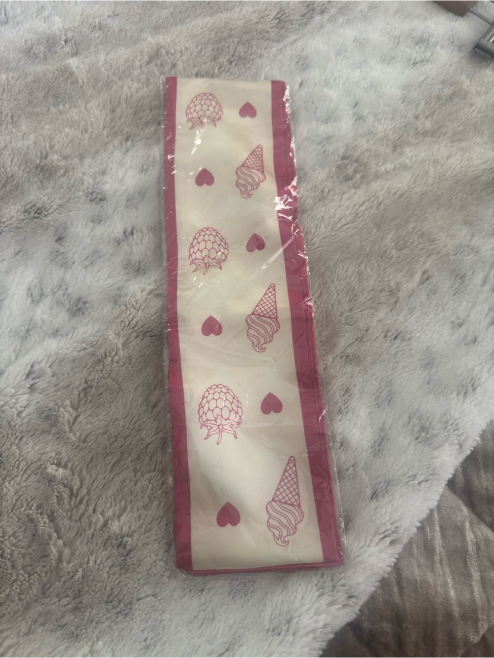 Cute cream & pink satin twilly scarf with raspberry & ice cream detail stripes.